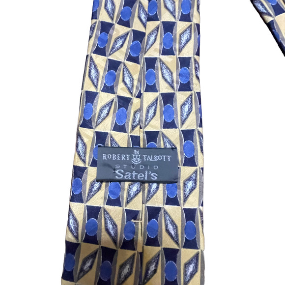 Robert Talbott Studio Mens Tie Yellow Blue Geometric Pattern 100% Silk 57"X3.75" - Picture 3 of 5